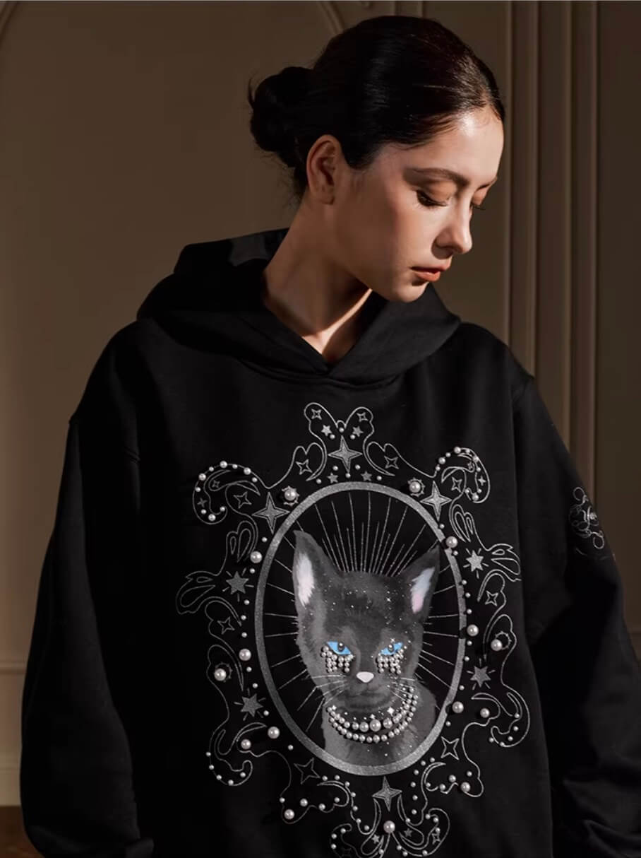 YADcrew Black Cat Print Pearl Hoodie | Face 3 Face