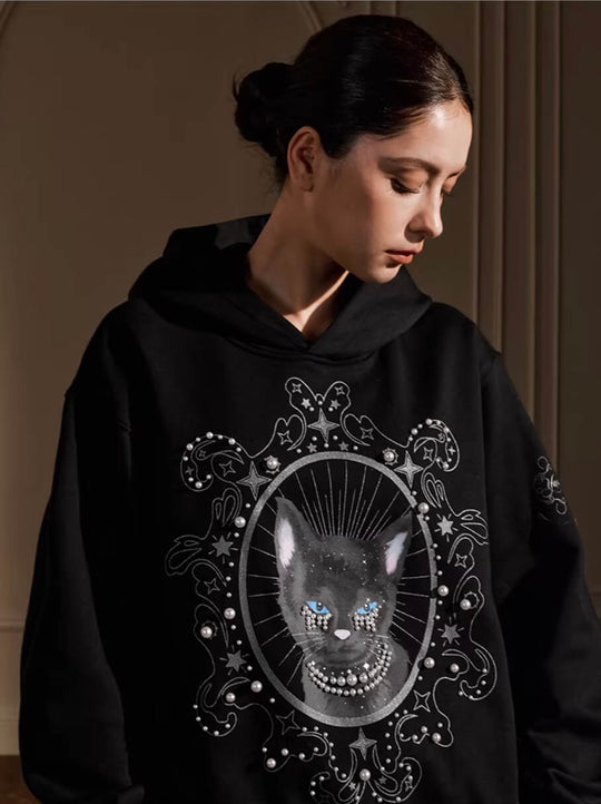 YADcrew Black Cat Print Pearl Hoodie | Face 3 Face