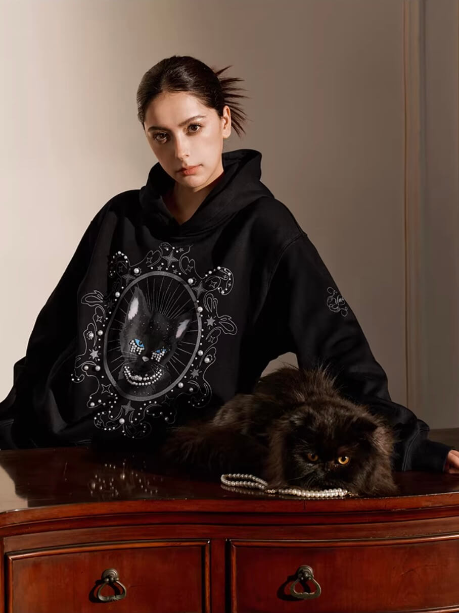 YADcrew Black Cat Print Pearl Hoodie | Face 3 Face