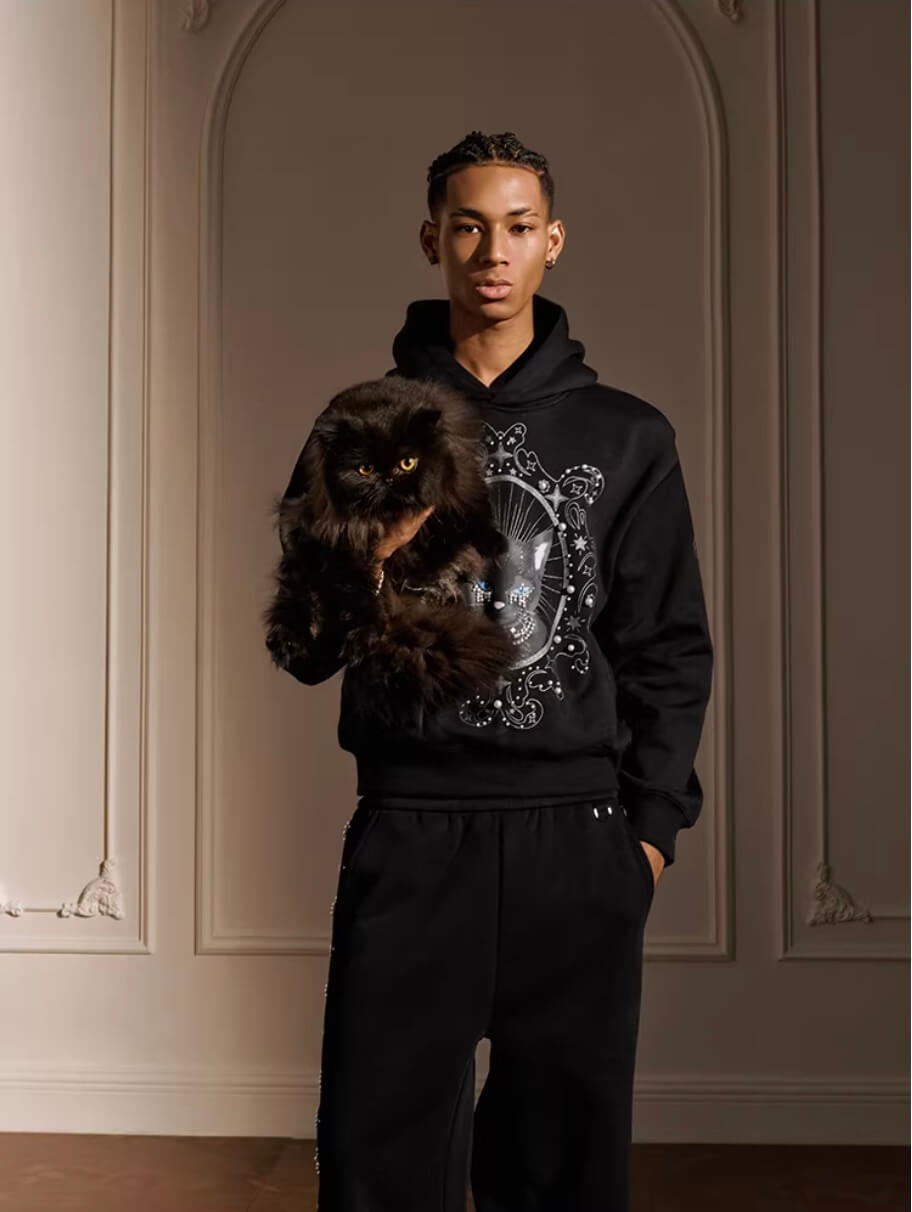 YADcrew Black Cat Print Pearl Hoodie | Face 3 Face