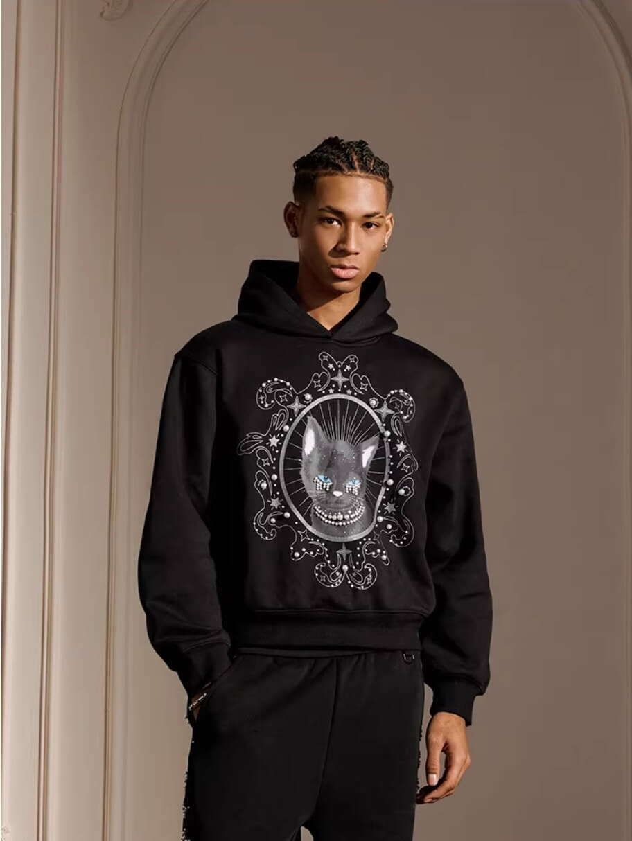 YADcrew Black Cat Print Pearl Hoodie | Face 3 Face