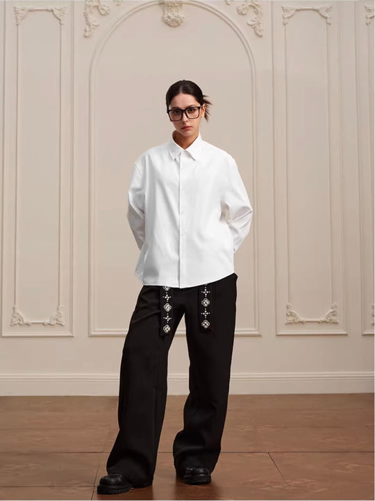 YADcrew Embroidered Lapel Button Up Long Sleeve Shirt | Face 3 Face