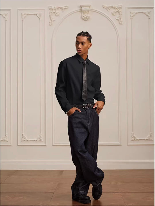 YADcrew Embroidered Lapel Button Up Long Sleeve Shirt | Face 3 Face