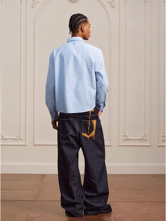 YADcrew Striped Embroidered Placket Button Up Long Sleeve Shirt | Face 3 Face