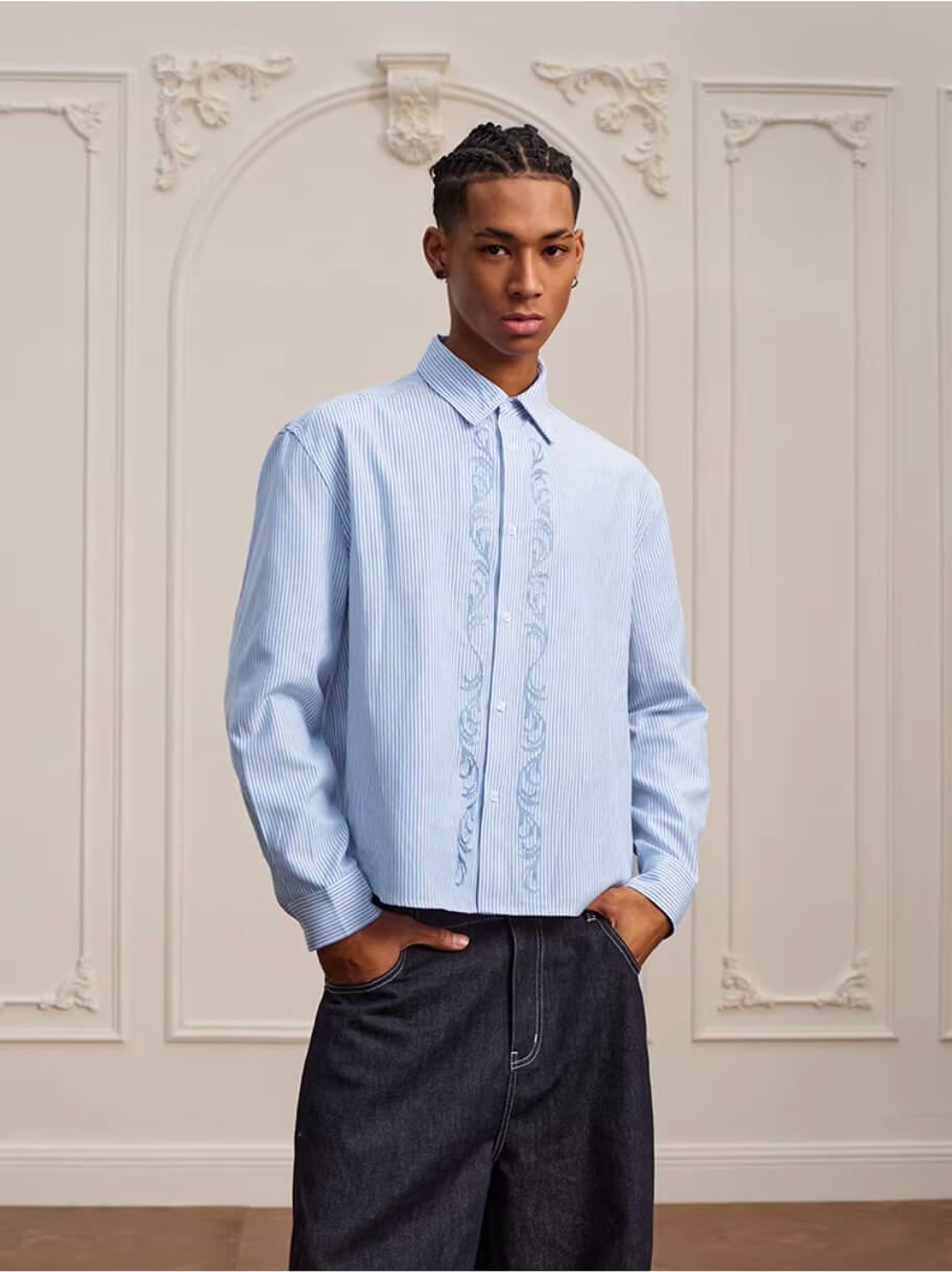 YADcrew Striped Embroidered Placket Button Up Long Sleeve Shirt | Face 3 Face