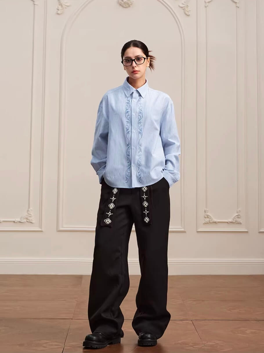 YADcrew Striped Embroidered Placket Button Up Long Sleeve Shirt | Face 3 Face