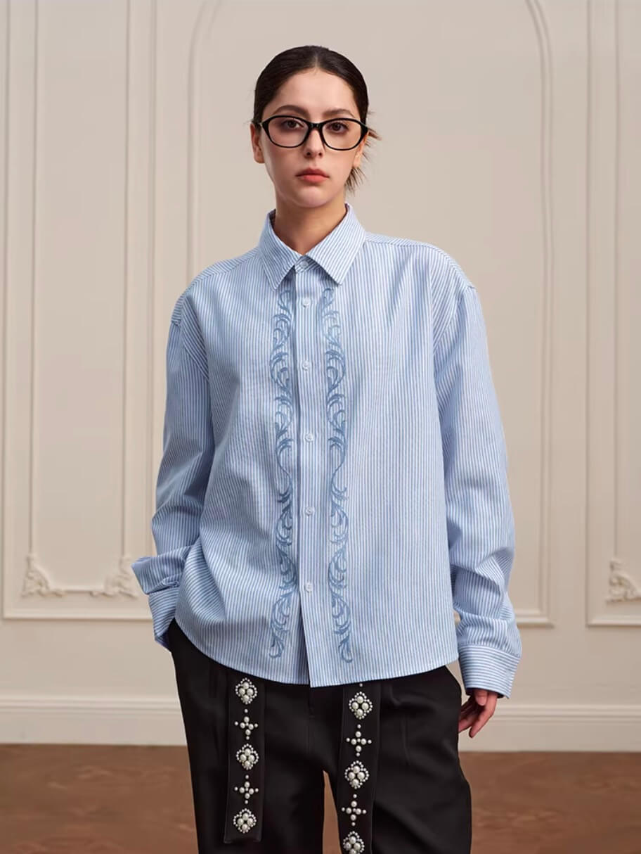 YADcrew Striped Embroidered Placket Button Up Long Sleeve Shirt | Face 3 Face