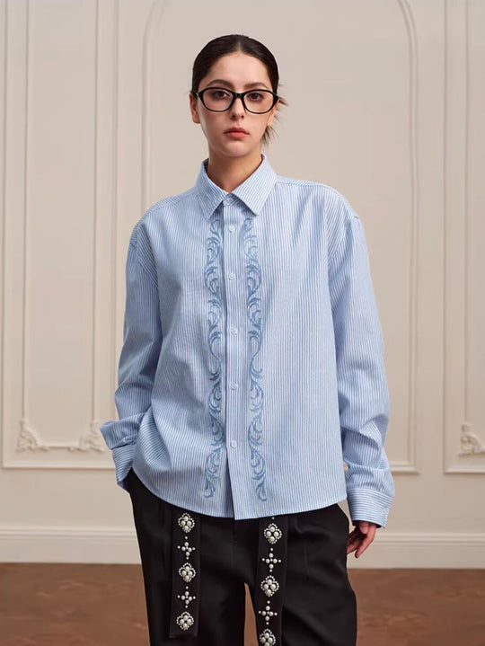 YADcrew Striped Embroidered Placket Button Up Long Sleeve Shirt | Face 3 Face