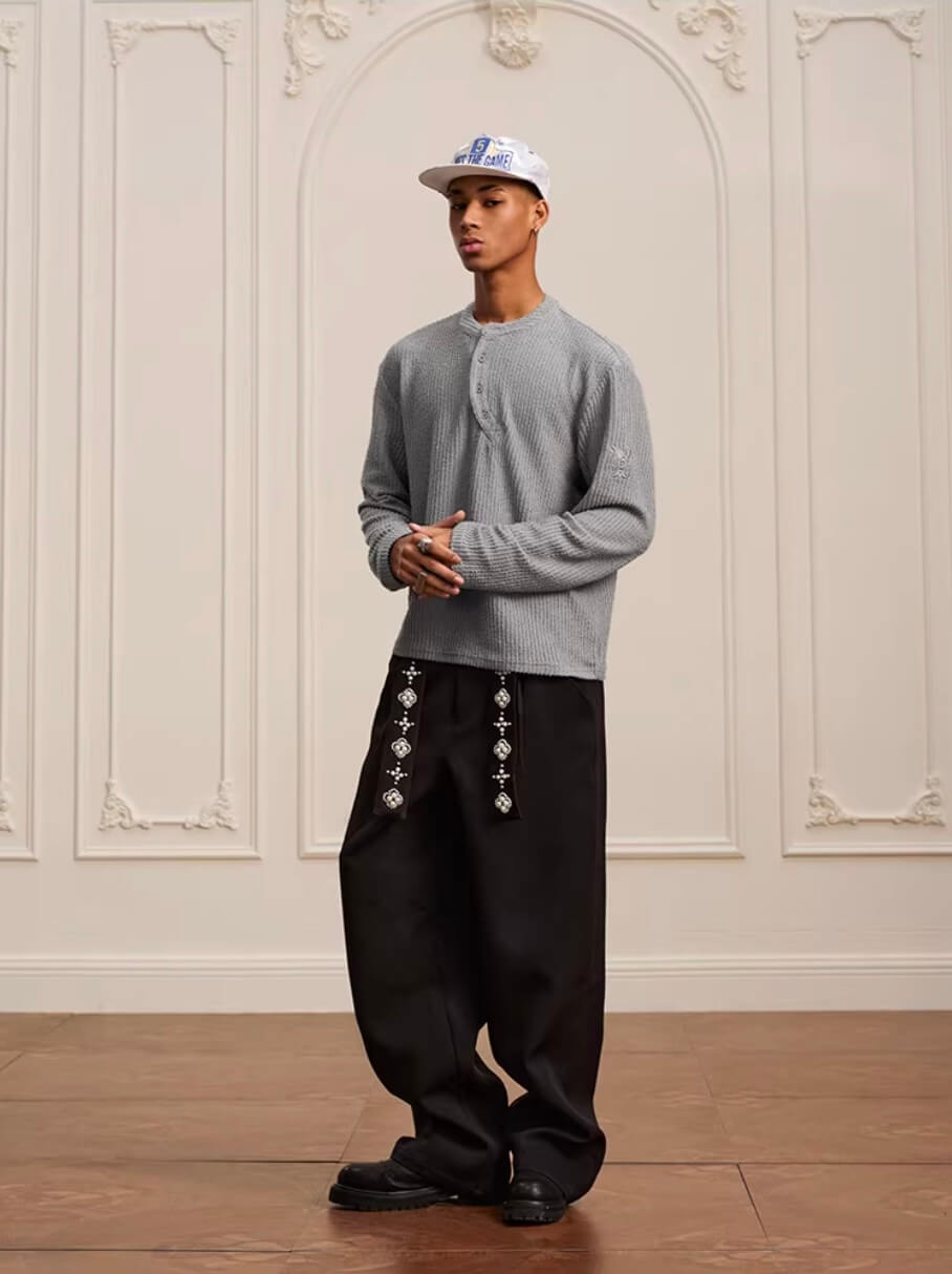 YADcrew Twisted Henley Pinstripe Long Sleeve Tee | Face 3 Face