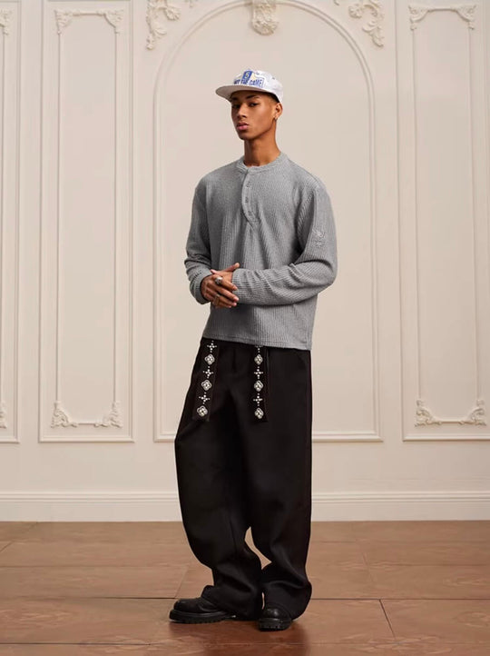 YADcrew Twisted Henley Pinstripe Long Sleeve Tee | Face 3 Face