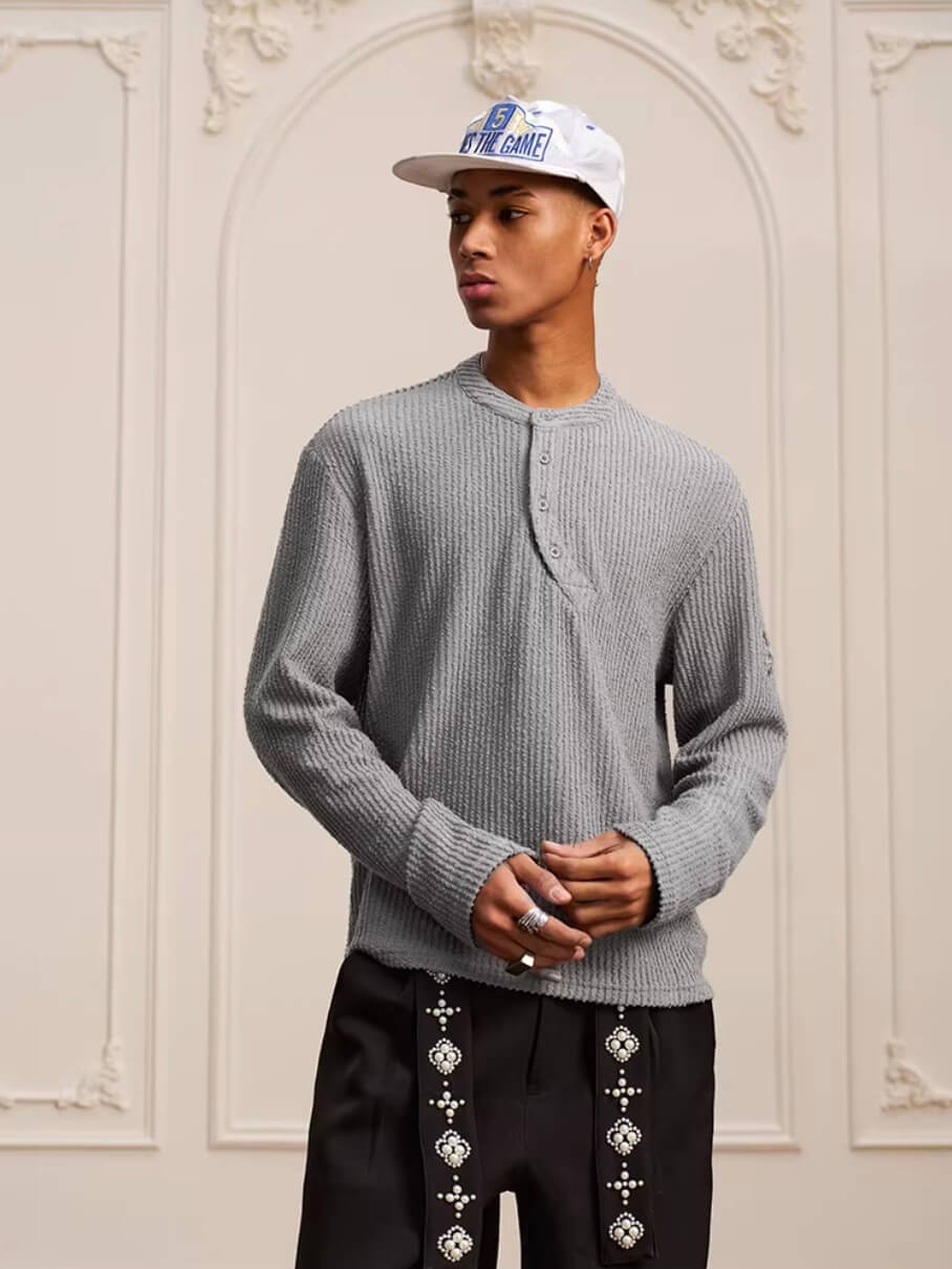 YADcrew Twisted Henley Pinstripe Long Sleeve Tee | Face 3 Face