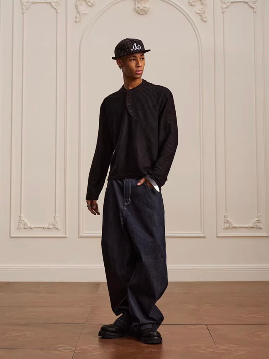 YADcrew Twisted Henley Pinstripe Long Sleeve Tee | Face 3 Face