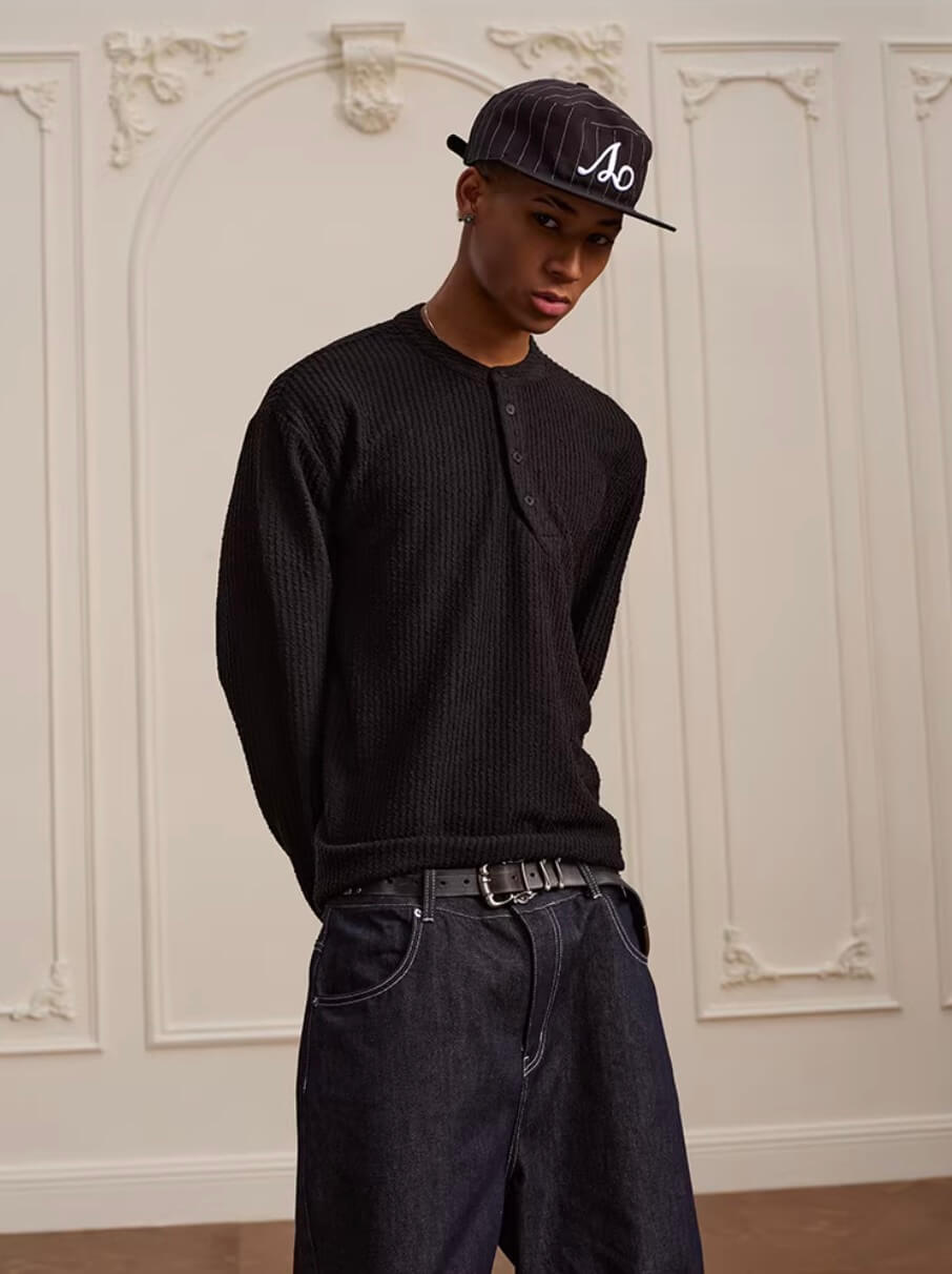 YADcrew Twisted Henley Pinstripe Long Sleeve Tee | Face 3 Face