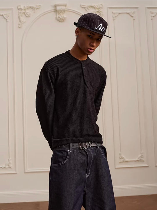 YADcrew Twisted Henley Pinstripe Long Sleeve Tee | Face 3 Face