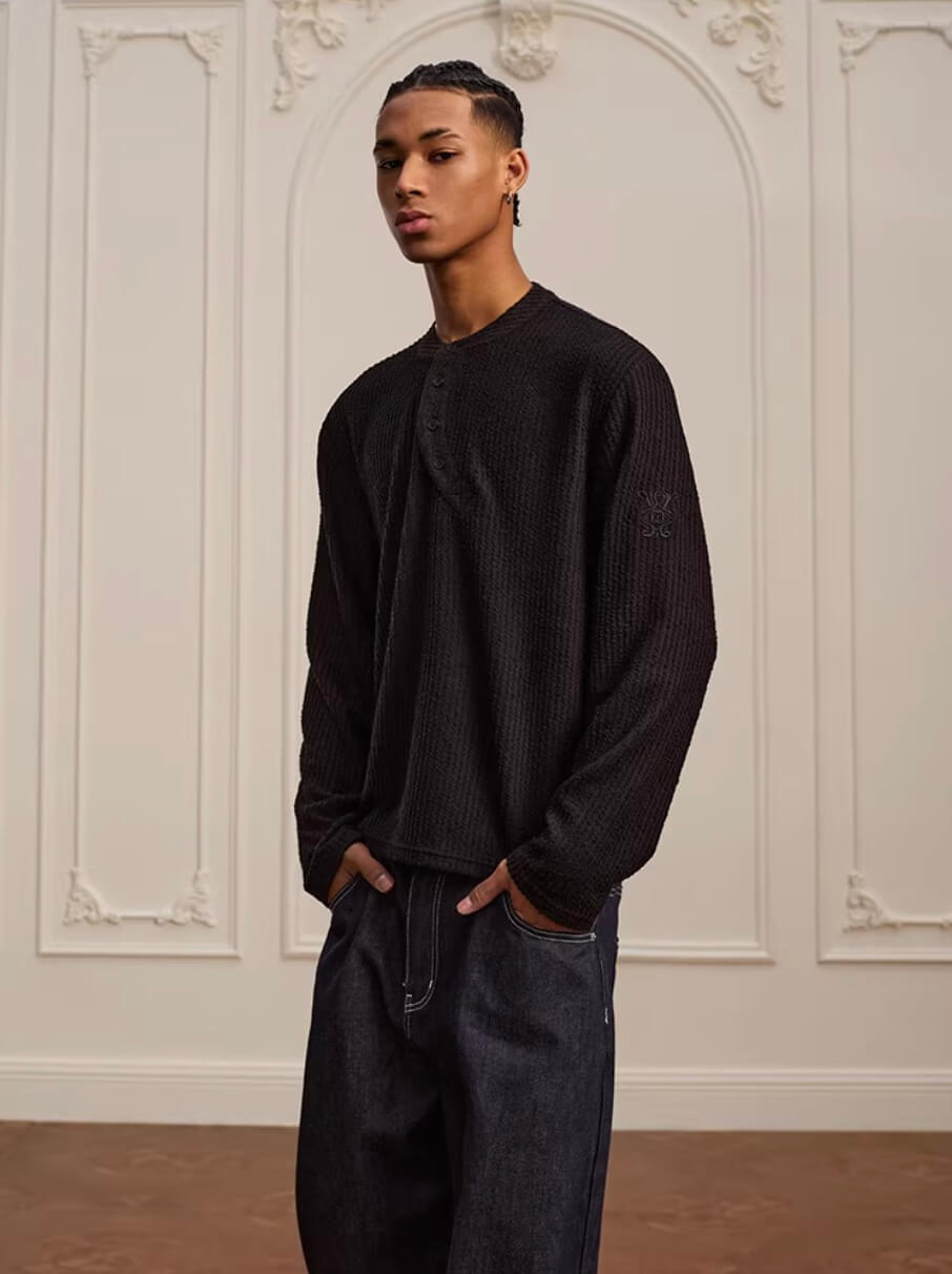 YADcrew Twisted Henley Pinstripe Long Sleeve Tee | Face 3 Face