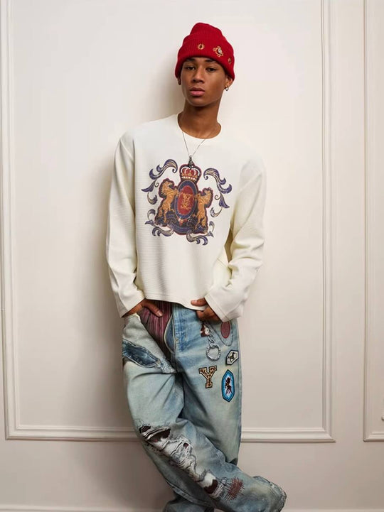 YADcrew Horse Vintage Print Waffle Long Sleeve Tee | Face 3 Face