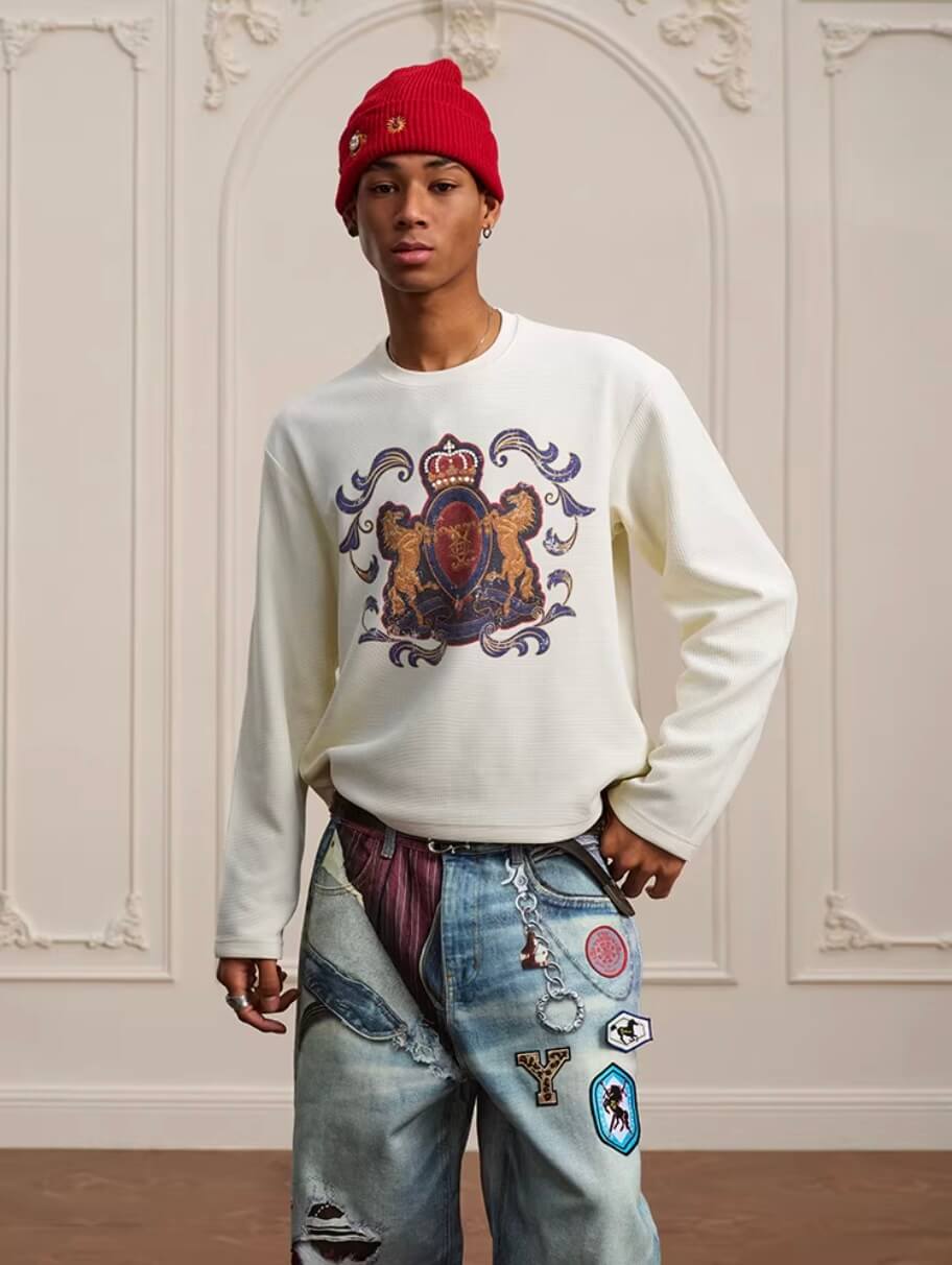 YADcrew Horse Vintage Print Waffle Long Sleeve Tee | Face 3 Face