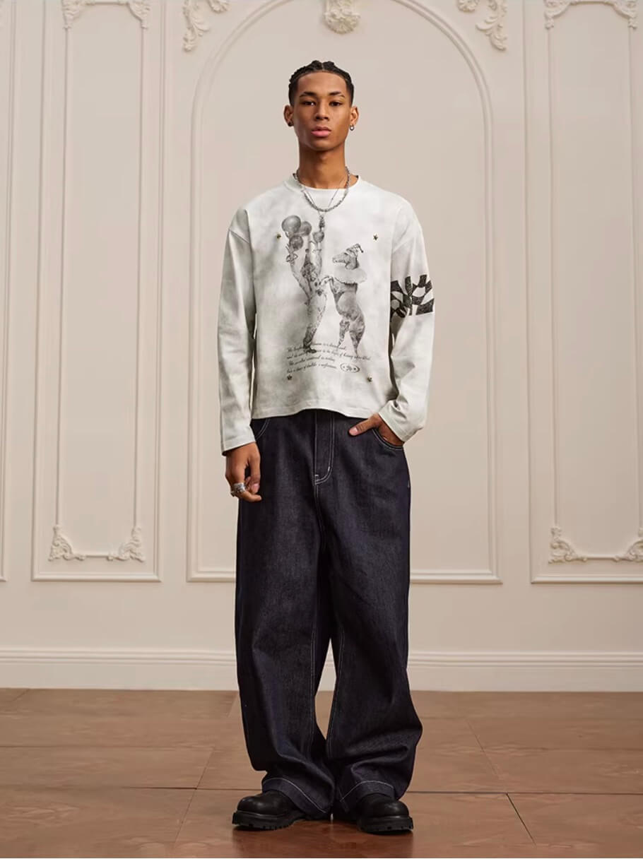 YADcrew Dirty Washed Circus Star Studded Long Sleeve Tee | Face 3 Face