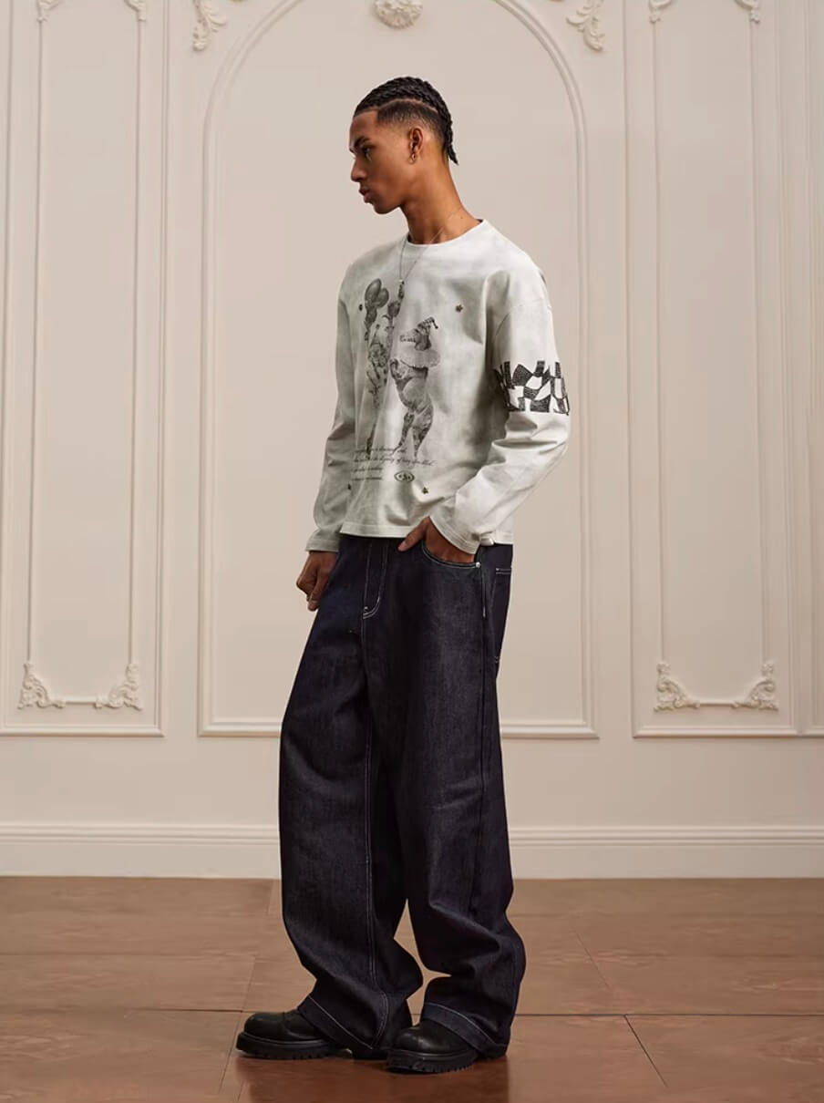 YADcrew Dirty Washed Circus Star Studded Long Sleeve Tee | Face 3 Face