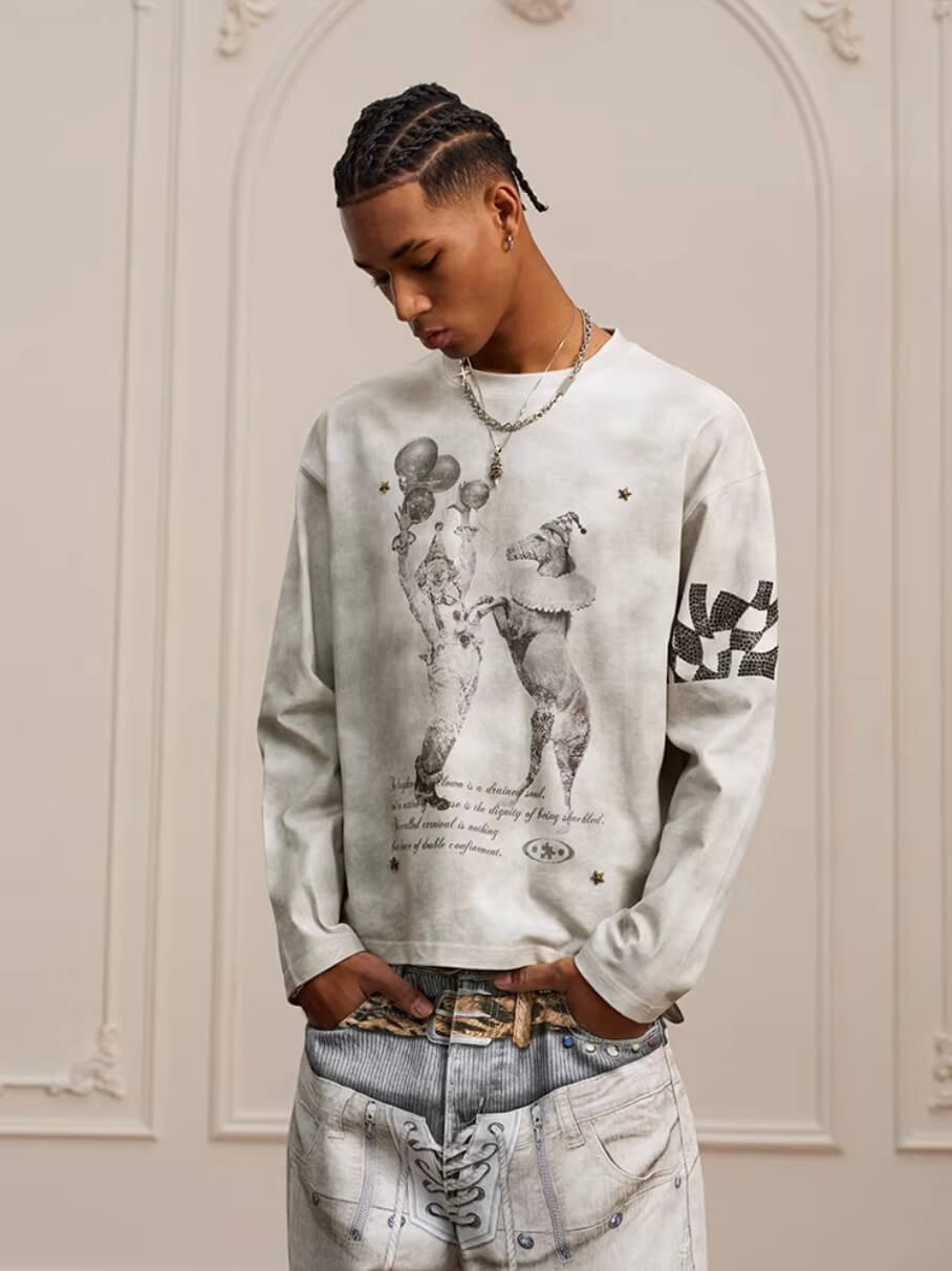 YADcrew Dirty Washed Circus Star Studded Long Sleeve Tee | Face 3 Face