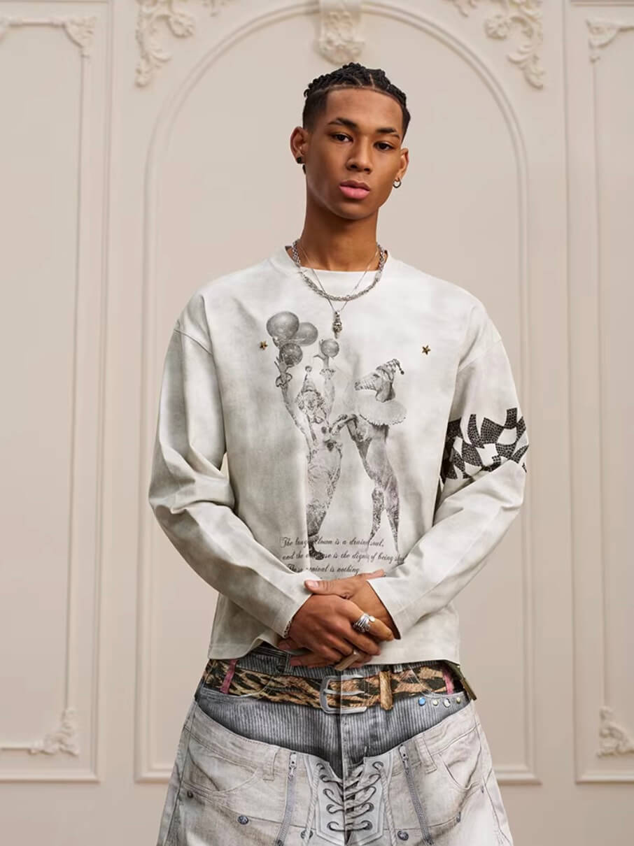 YADcrew Dirty Washed Circus Star Studded Long Sleeve Tee | Face 3 Face