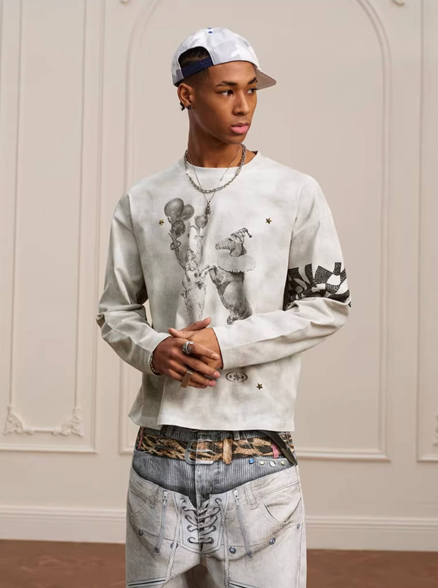 YADcrew Dirty Washed Circus Star Studded Long Sleeve Tee | Face 3 Face