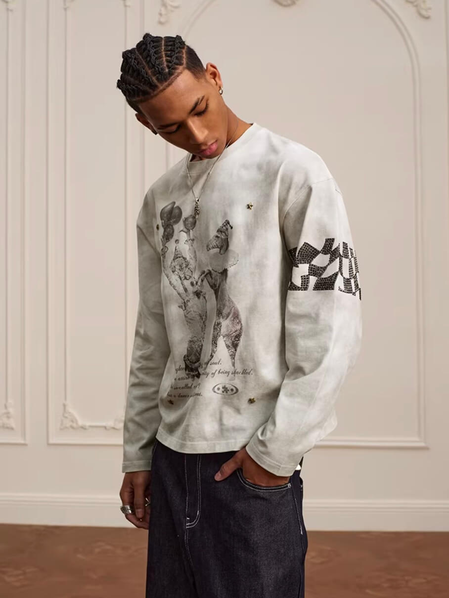 YADcrew Dirty Washed Circus Star Studded Long Sleeve Tee | Face 3 Face