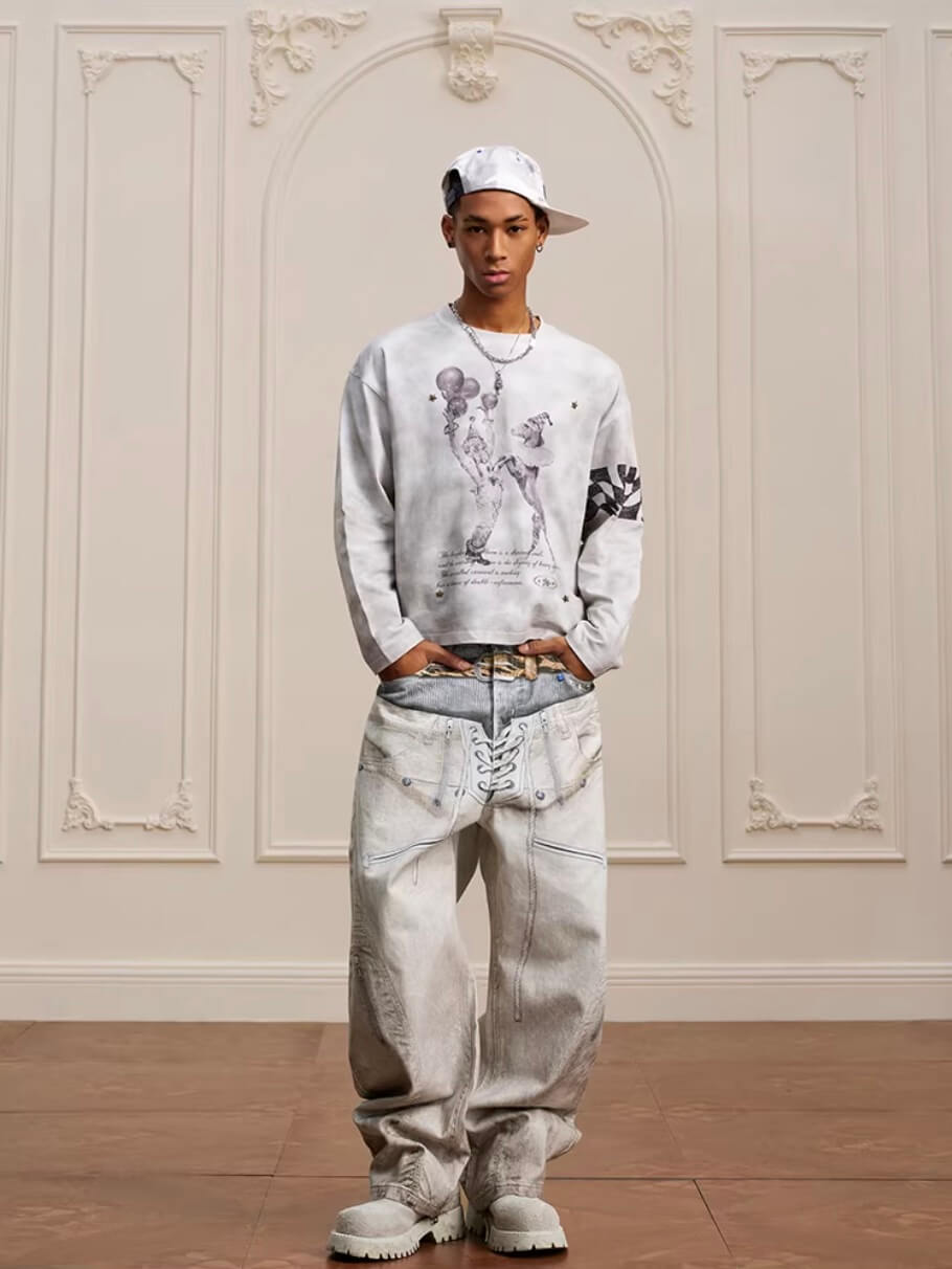 YADcrew Dirty Washed Circus Star Studded Long Sleeve Tee | Face 3 Face