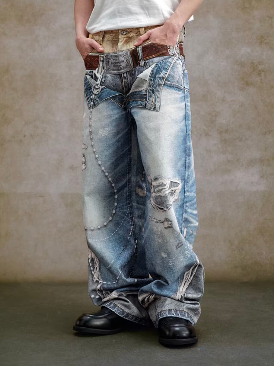 YADcrew Double Waist 3D Digital Print Jeans | Face 3 Face