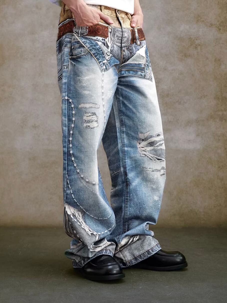 YADcrew Double Waist 3D Digital Print Jeans | Face 3 Face