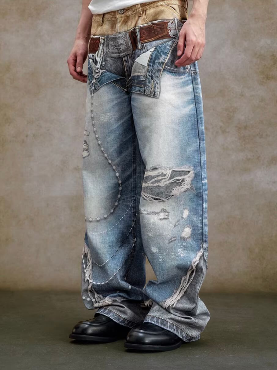 YADcrew Double Waist 3D Digital Print Jeans | Face 3 Face