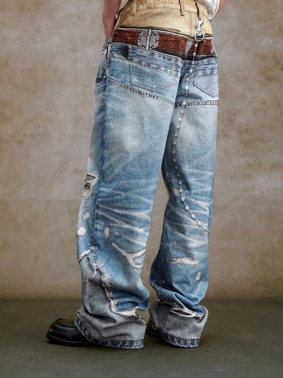 YADcrew Double Waist 3D Digital Print Jeans | Face 3 Face