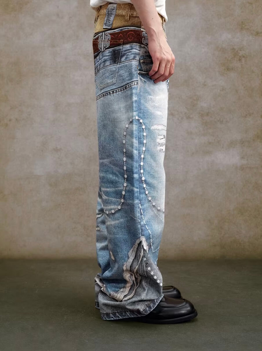 YADcrew Double Waist 3D Digital Print Jeans | Face 3 Face