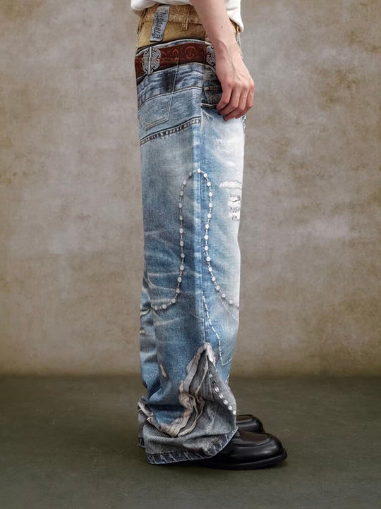 YADcrew Double Waist 3D Digital Print Jeans | Face 3 Face