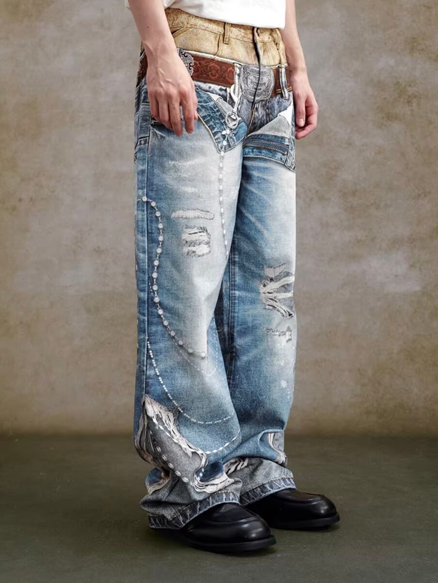 YADcrew Double Waist 3D Digital Print Jeans | Face 3 Face