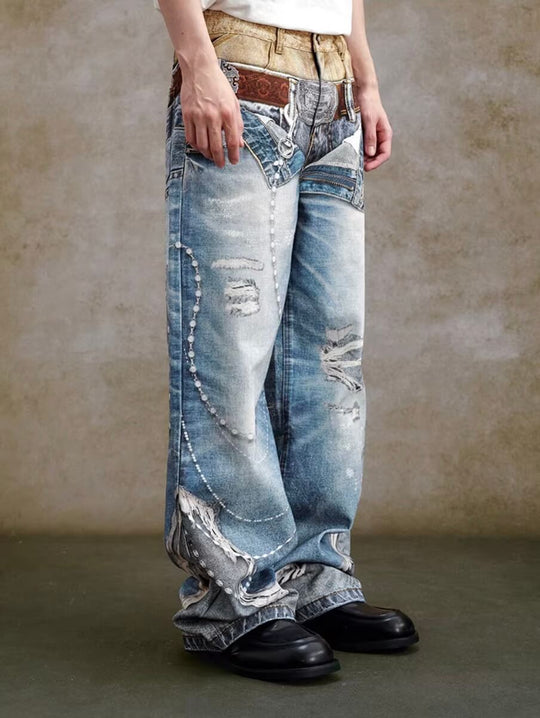 YADcrew Double Waist 3D Digital Print Jeans | Face 3 Face