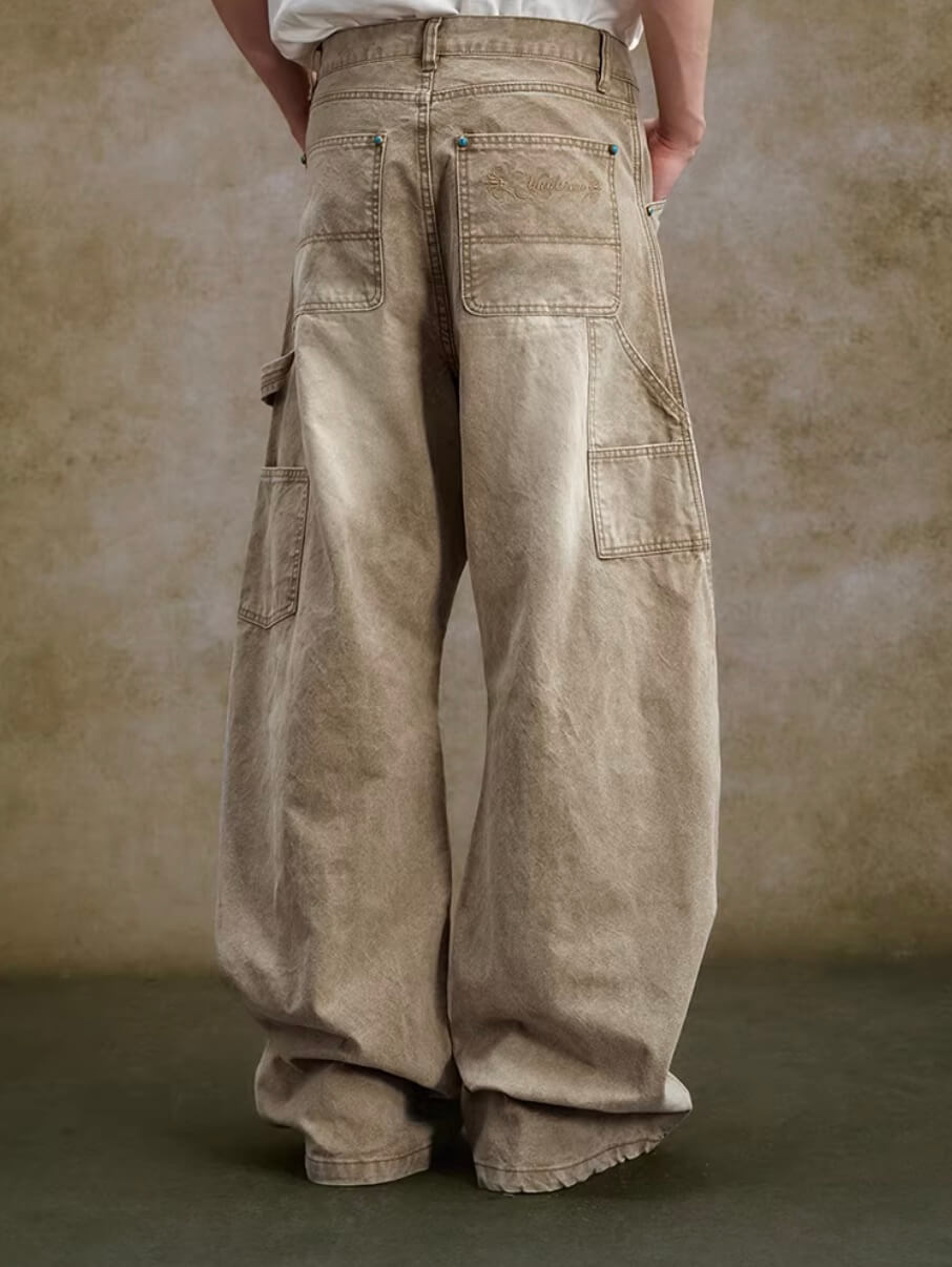 YADcrew Turquoise Studded Washed Tucked Painter Machete Jeans | Face 3 Face