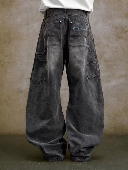 YADcrew Turquoise Studded Washed Tucked Painter Machete Jeans | Face 3 Face