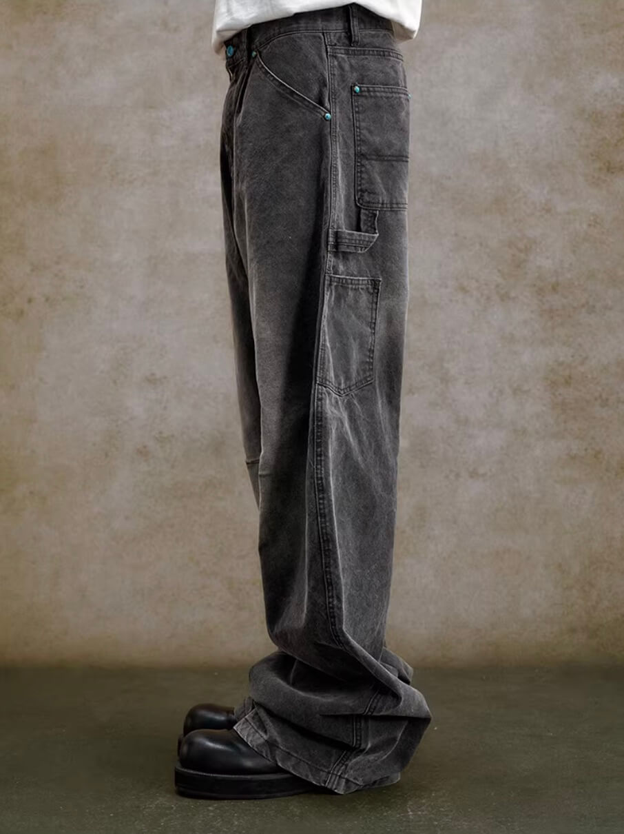 YADcrew Turquoise Studded Washed Tucked Painter Machete Jeans | Face 3 Face