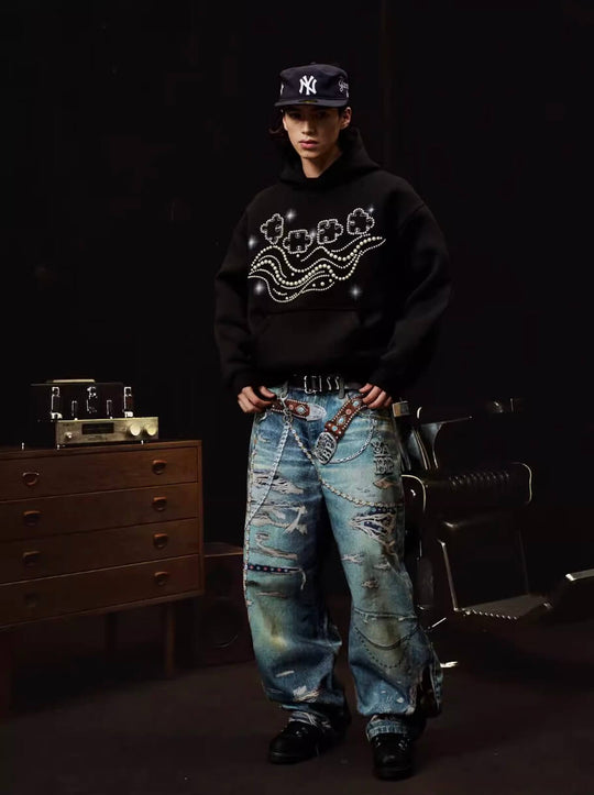 YADcrew x BIPOLAR 3D Belt Chain Digital Print Machete Jeans | Face 3 Face