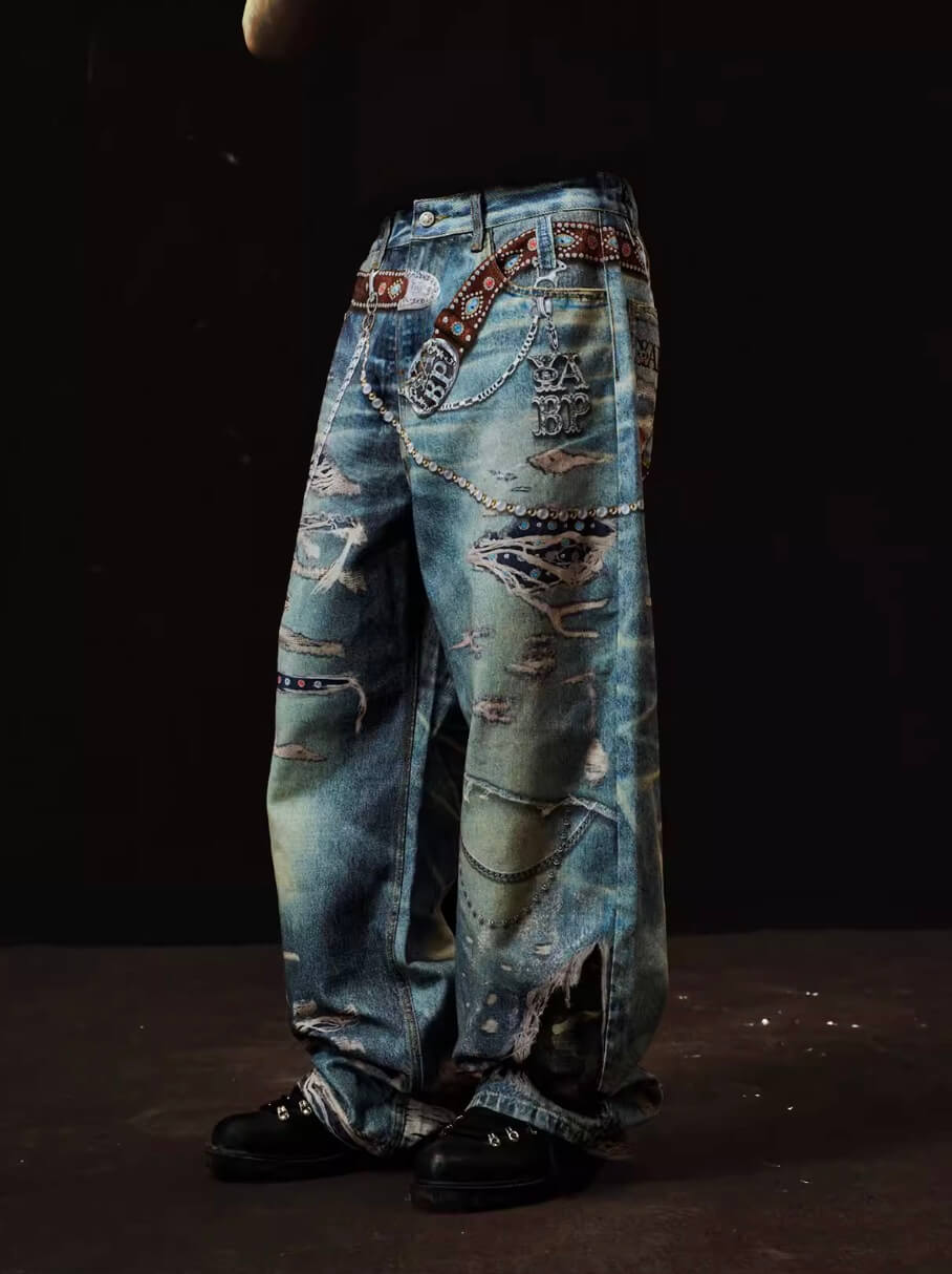 YADcrew x BIPOLAR 3D Belt Chain Digital Print Machete Jeans | Face 3 Face