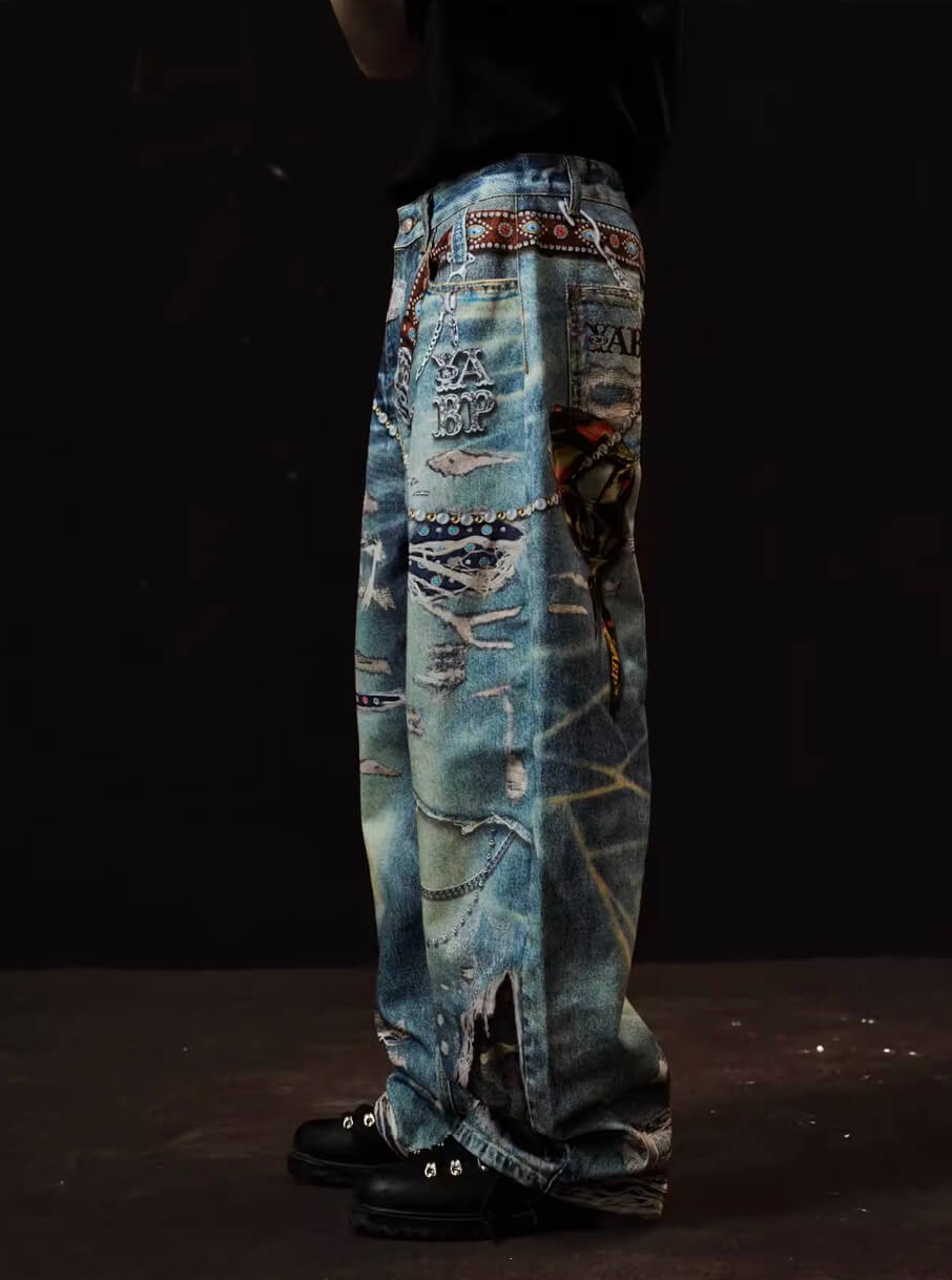 YADcrew x BIPOLAR 3D Belt Chain Digital Print Machete Jeans | Face 3 Face