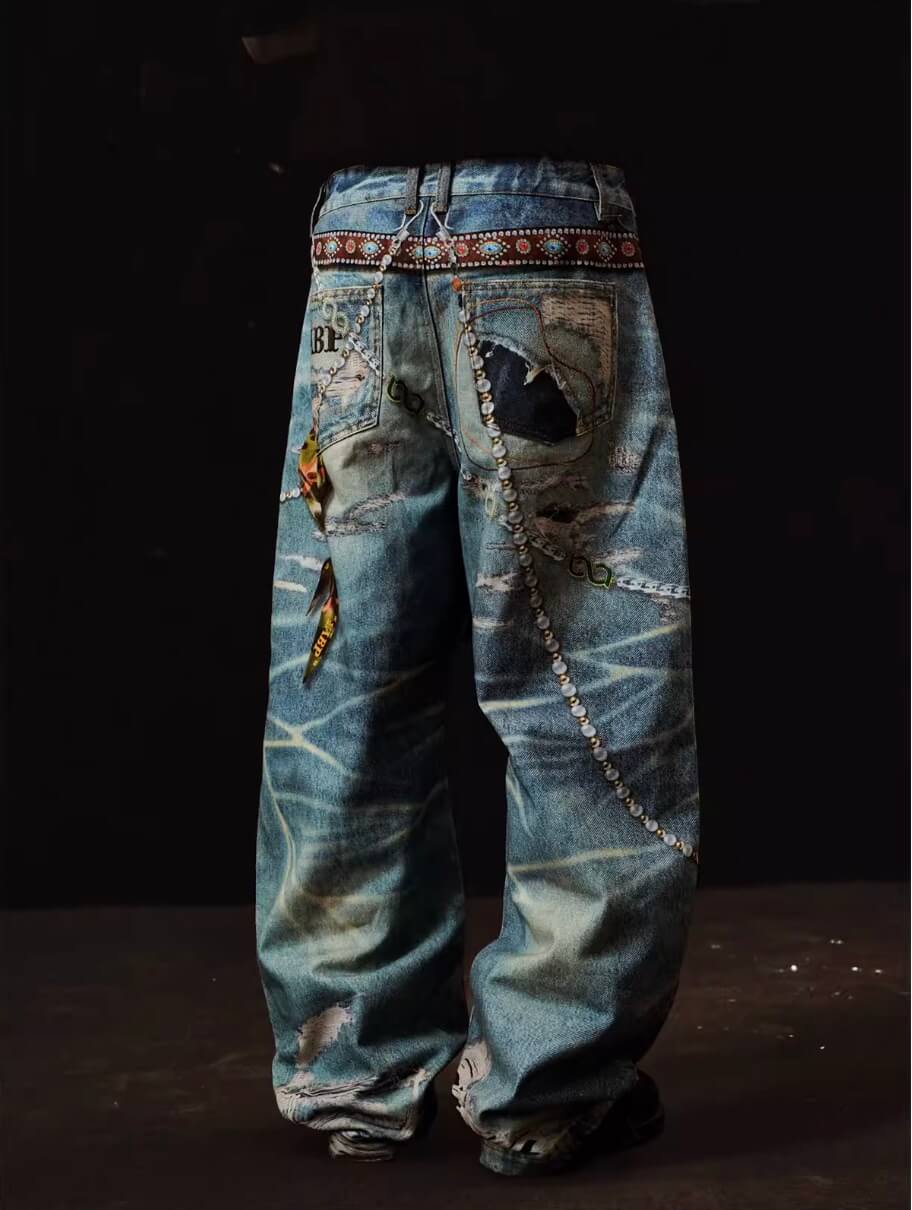 YADcrew x BIPOLAR 3D Belt Chain Digital Print Machete Jeans | Face 3 Face