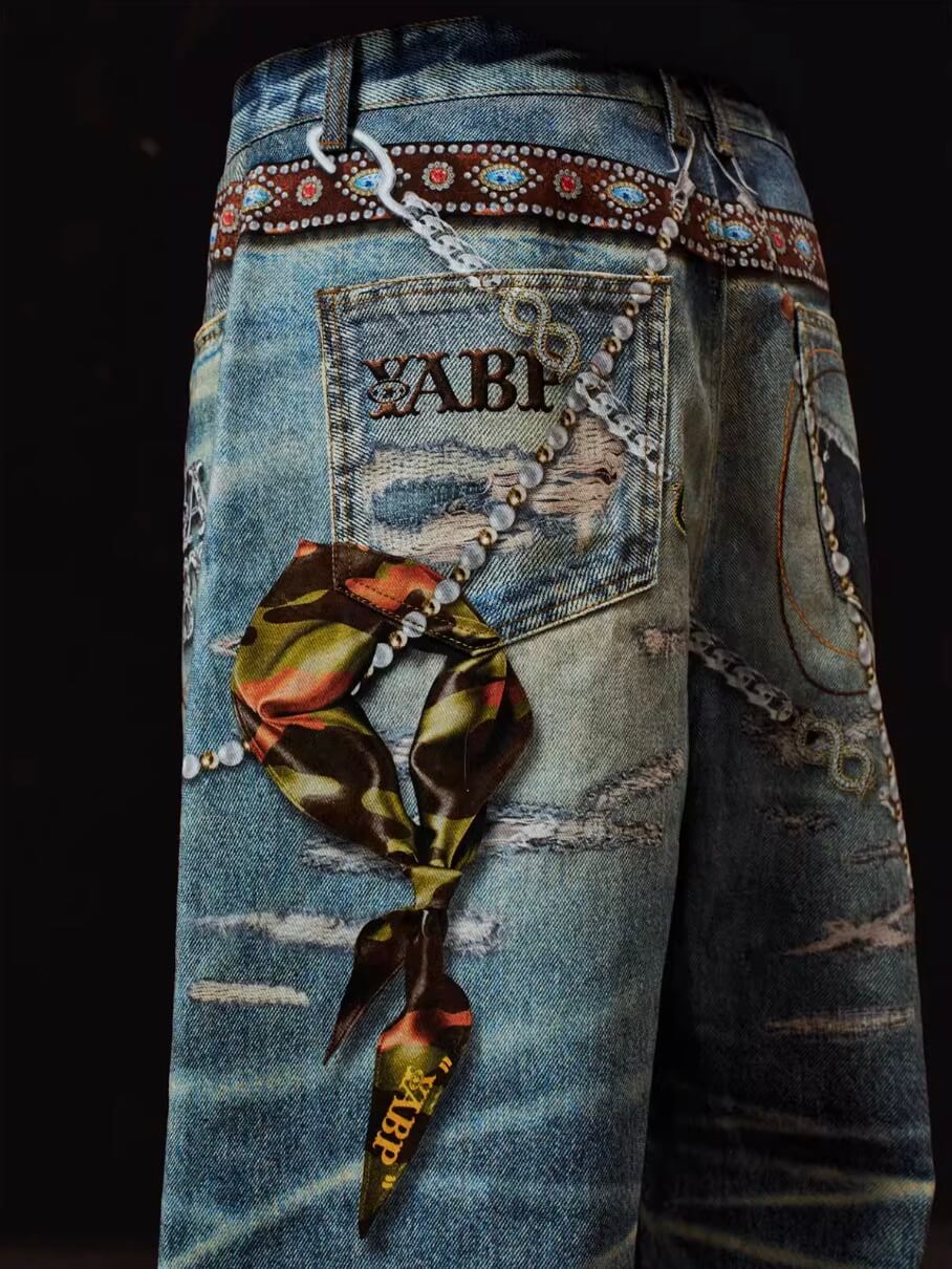 YADcrew x BIPOLAR 3D Belt Chain Digital Print Machete Jeans | Face 3 Face