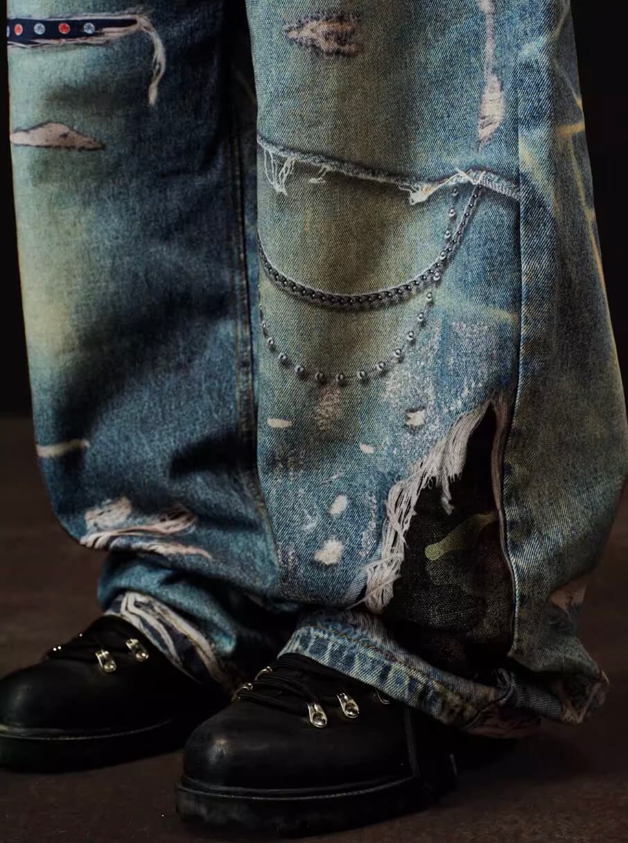 YADcrew x BIPOLAR 3D Belt Chain Digital Print Machete Jeans | Face 3 Face