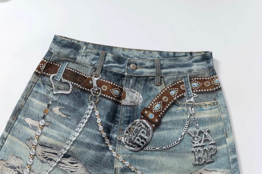 YADcrew x BIPOLAR 3D Belt Chain Digital Print Machete Jeans | Face 3 Face