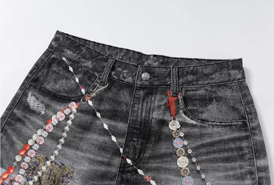 YADcrew x MEDM 3D Cloth Patch Chain Distressed Digital Print Jeans | Face 3 Face