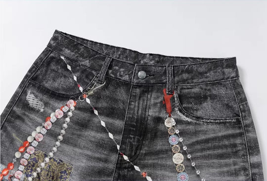 YADcrew x MEDM 3D Cloth Patch Chain Distressed Digital Print Jeans | Face 3 Face