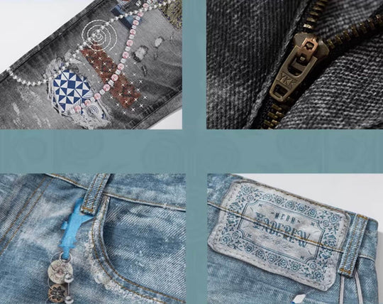 YADcrew x MEDM 3D Cloth Patch Chain Distressed Digital Print Jeans | Face 3 Face