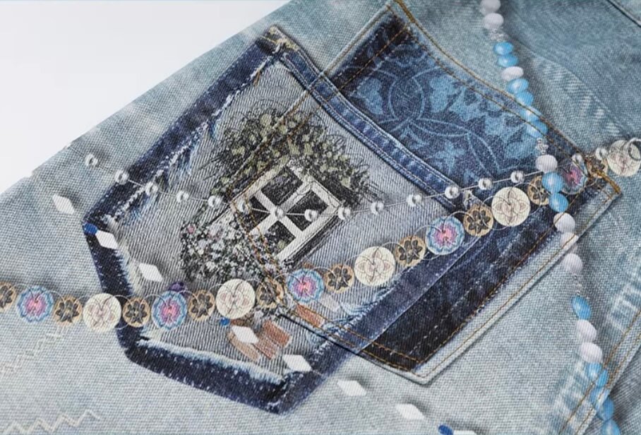 YADcrew x MEDM 3D Cloth Patch Chain Distressed Digital Print Jeans | Face 3 Face